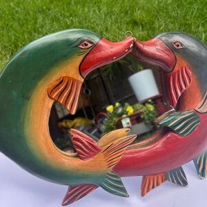 Kissing Dolphins Hanging Wall Mirror  (circle of three) Hand Carved & Painted